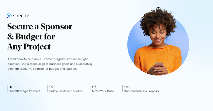cover page to a PDF document: "Secure a sponsor and budget for any project" features a table of contents and image of brown-skinned person on their mobile phone